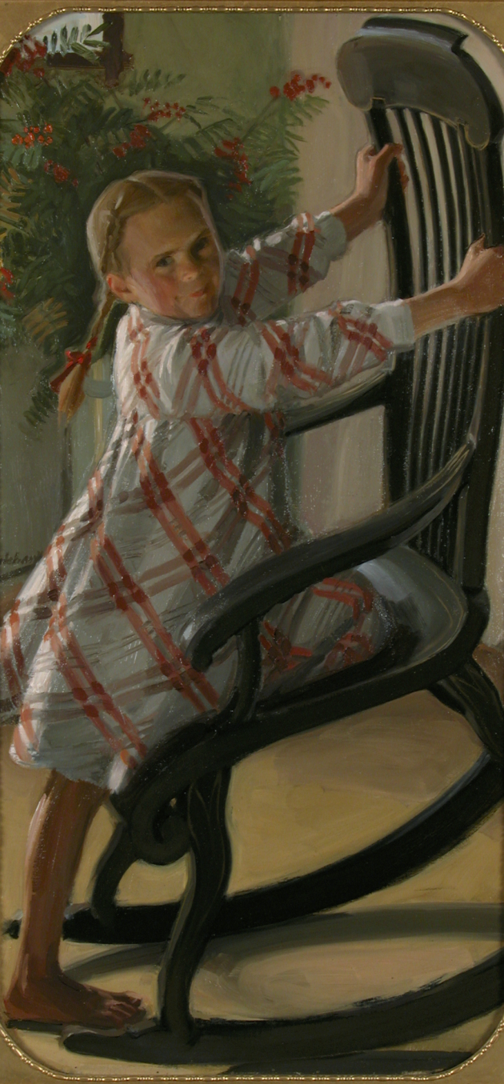 Albert Gebhard, Tyttö ja keinutuoli 1880-1908, öljymaalaus, K. H. Rendlundin museo. Kuva K. H. Renlundin museo, Keski-Pohjanmaan maakuntamuseo
