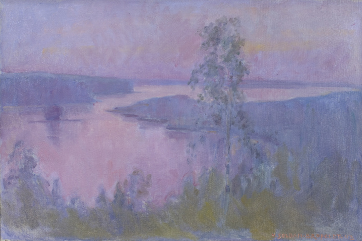 Venny Soldan-Brofeldt, Hiidenvesi auringonlaskun jälkeen 1943, Järvenpään taidemuseo. Kuva Matias Uusikylä  Järvenpään taidemuseo