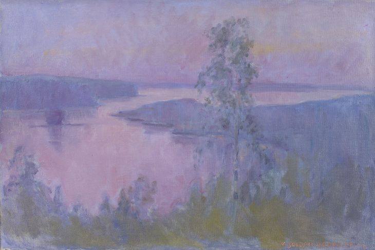 Venny Soldan-Brofeldt, Hiidenvesi auringonlaskun jälkeen 1943, Järvenpään taidemuseo. Kuva Matias Uusikylä  Järvenpään taidemuseo