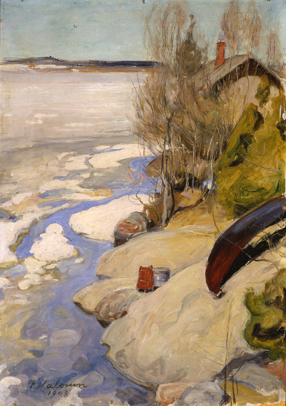 Maisemamaalauksessa järven sulavaa jäätä ja rantakalliota, jolla sijaitsee saunarakennus ja tervattu vene.