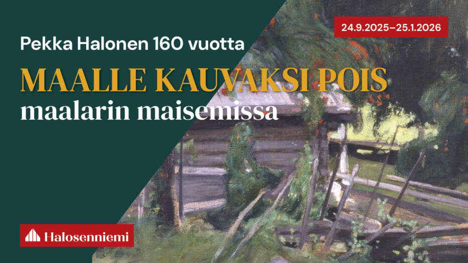 Mainoskuva Maalle kauvaksi pois -näyttelystä, jossa taidekuva ja tekstiä