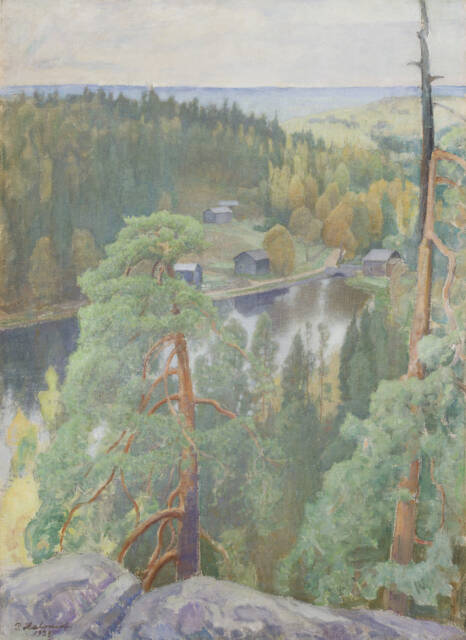 Öljyvärimaalauksessa maisema kuvattuna korkealta, alhaalla järven pintaan heijastuu metsää ja rakennuksia