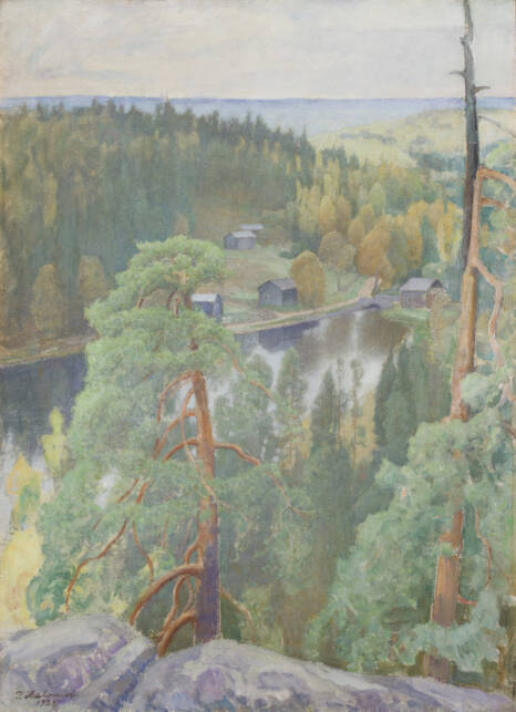 Korkealta kuvatussa maalauksessa järvimaisema, jonka rannalla kylä. Etualalla korkeita mäntyjä.
